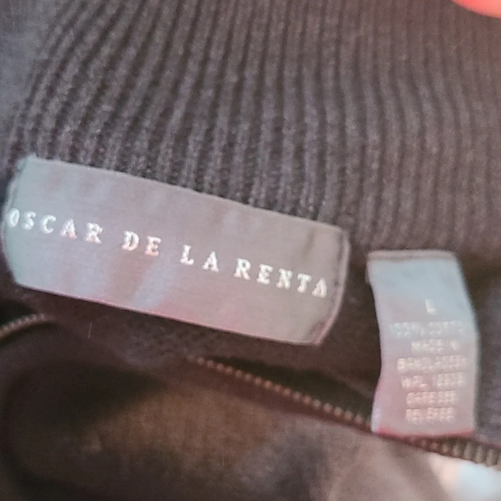 Oscar Da La Renta‎ Mock Neck Zip Cotton Black Sweater Large